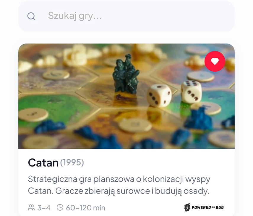 Widok półki BoardPal z wyszukiwalnymi kartami gier i krótkimi statystykami.