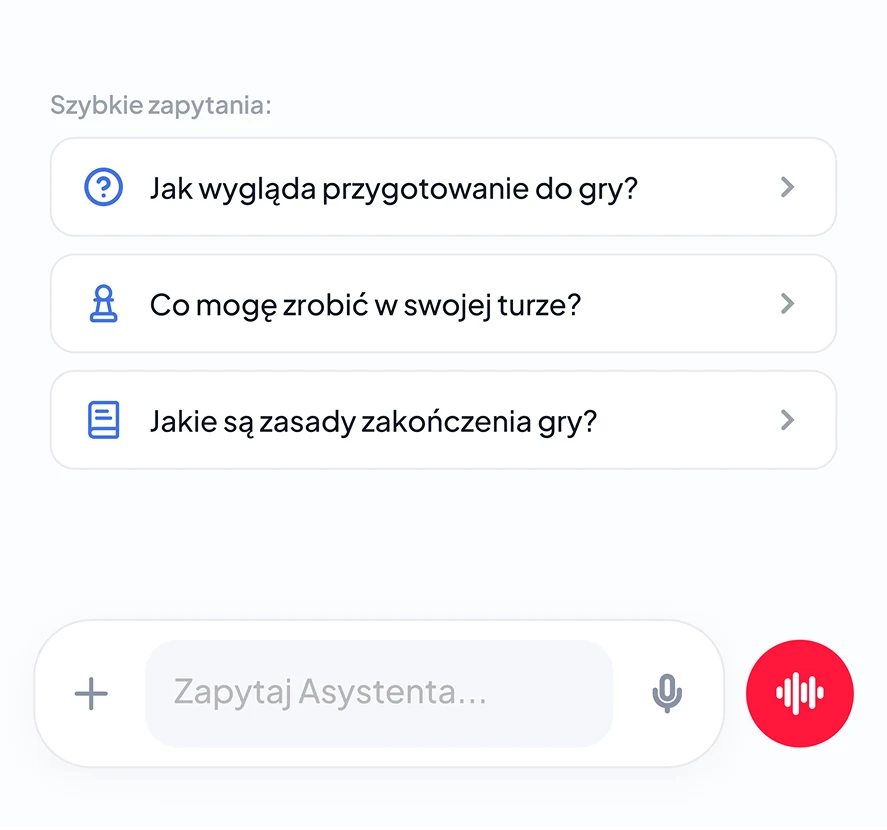 Ekran asystenta BoardPal z gotowymi pytaniami o przygotowanie, tury i nietypowe zasady.