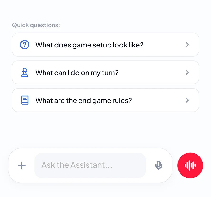 BoardPal assistant screen with quick prompts for setup, turns, and edge-case rules.