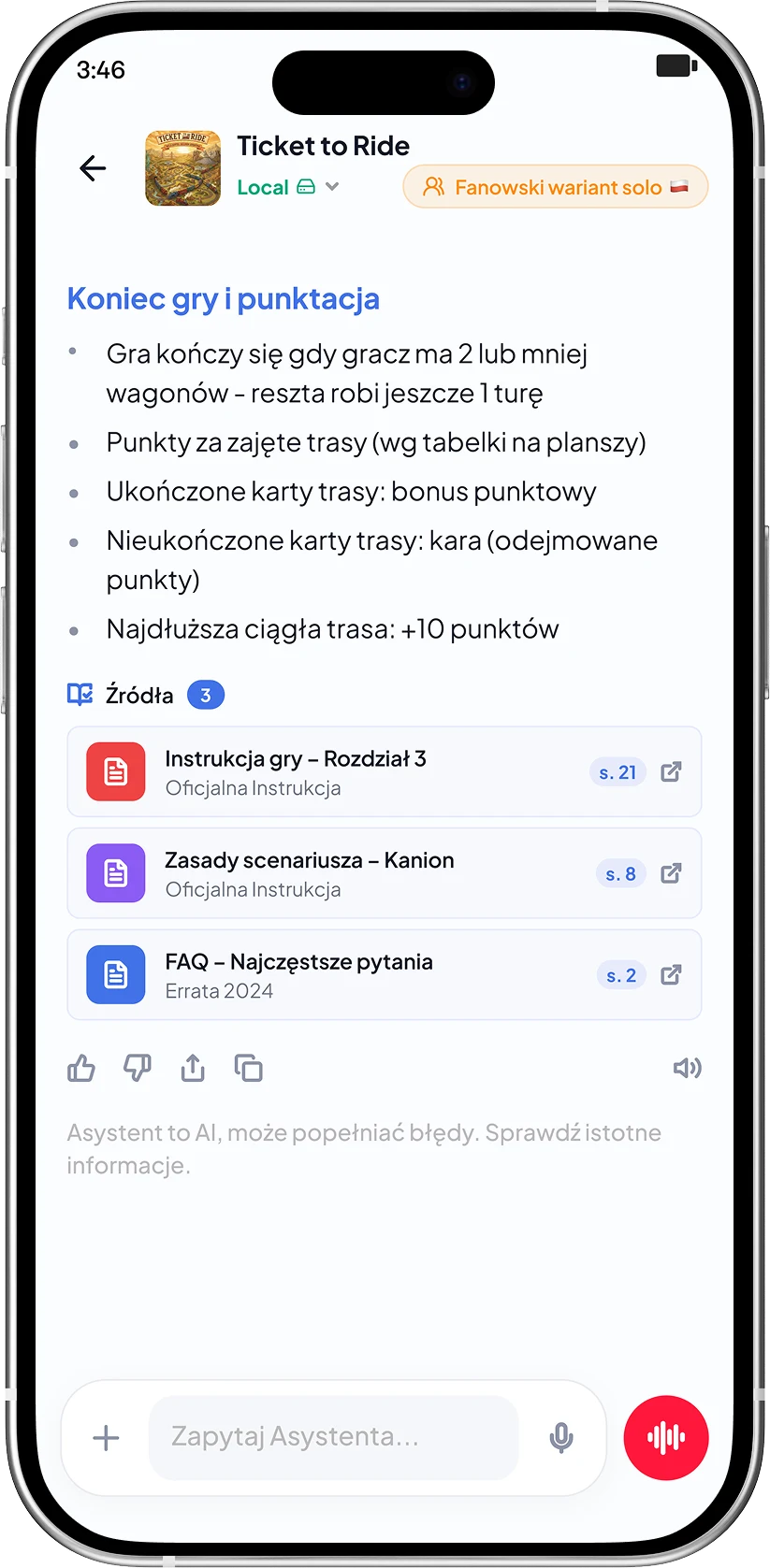 Ekran asystenta BoardPal z szybkimi pytaniami o przygotowanie, tury i zasady końca gry.