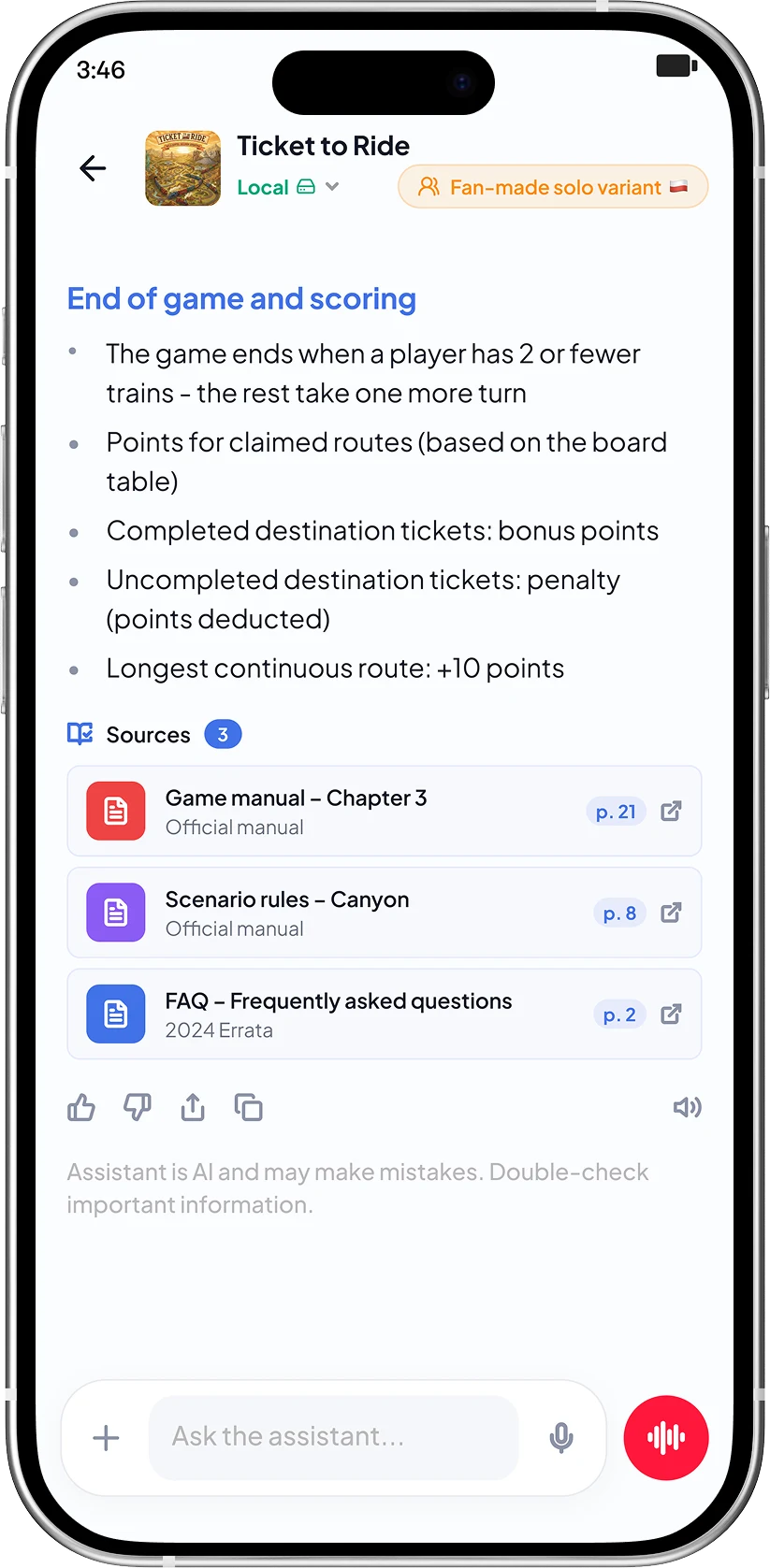BoardPal assistant screen with quick questions for setup, turns, and endgame rules.