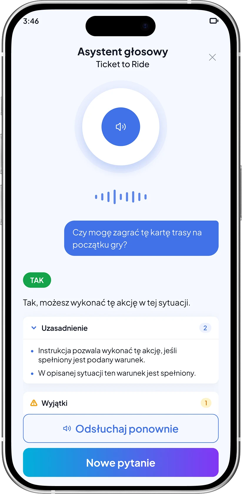 Ekran szczegółów gry BoardPal z metadanymi, oficjalnymi źródłami i wejściem do asystenta.